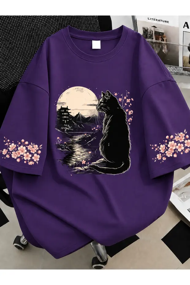 Kadın Black Cat Renkli Özel Baskılı Oversize Sıfır Yaka Penye T-Shirt
